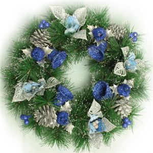 【クリスマス】35cm パインニードルリース シルバー／ブルー HL8169